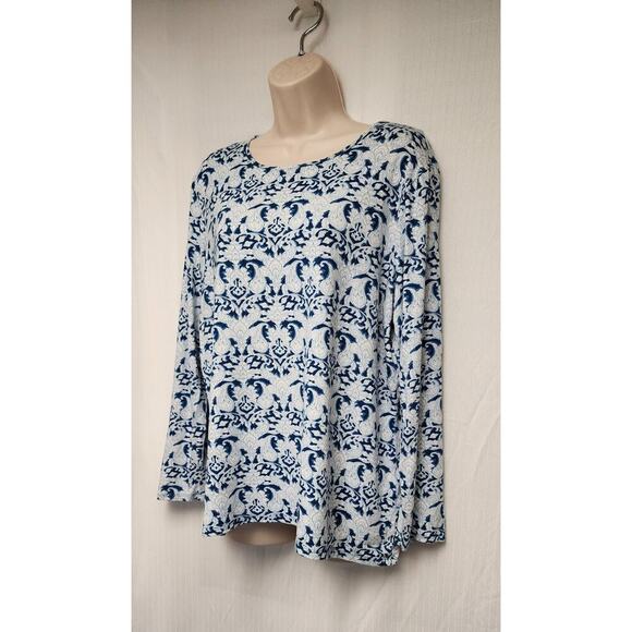 Chico's Round Neck Blue Print Paisley Long Sleeve Ultimate Tee Size 3 XL - Picture 3 of 6